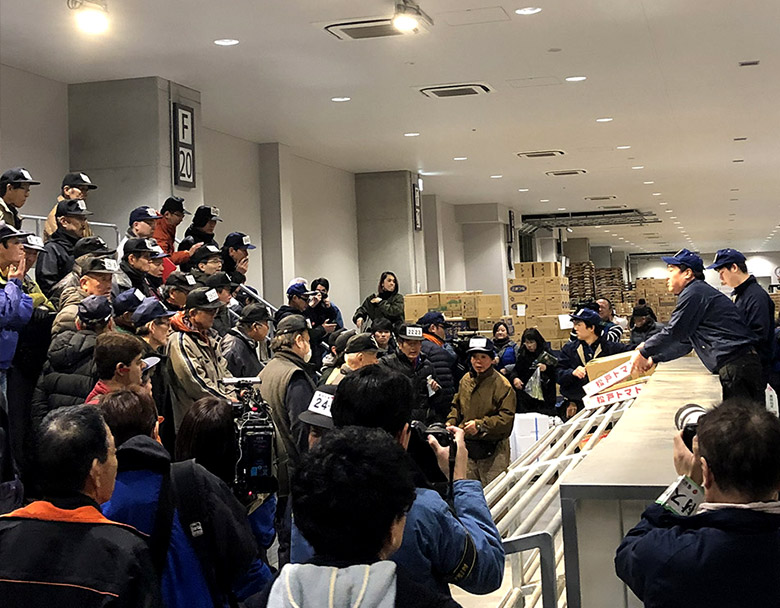 豊洲市場青果棟1階で行われる競り